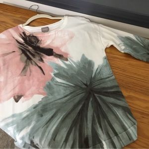 Gorgeous 3/4 length sleeve sweater w silk scarf in muted greens & pale pink.